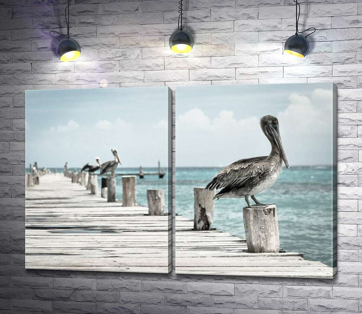 модульная картина Пастельное величие пеликанов на пирсе