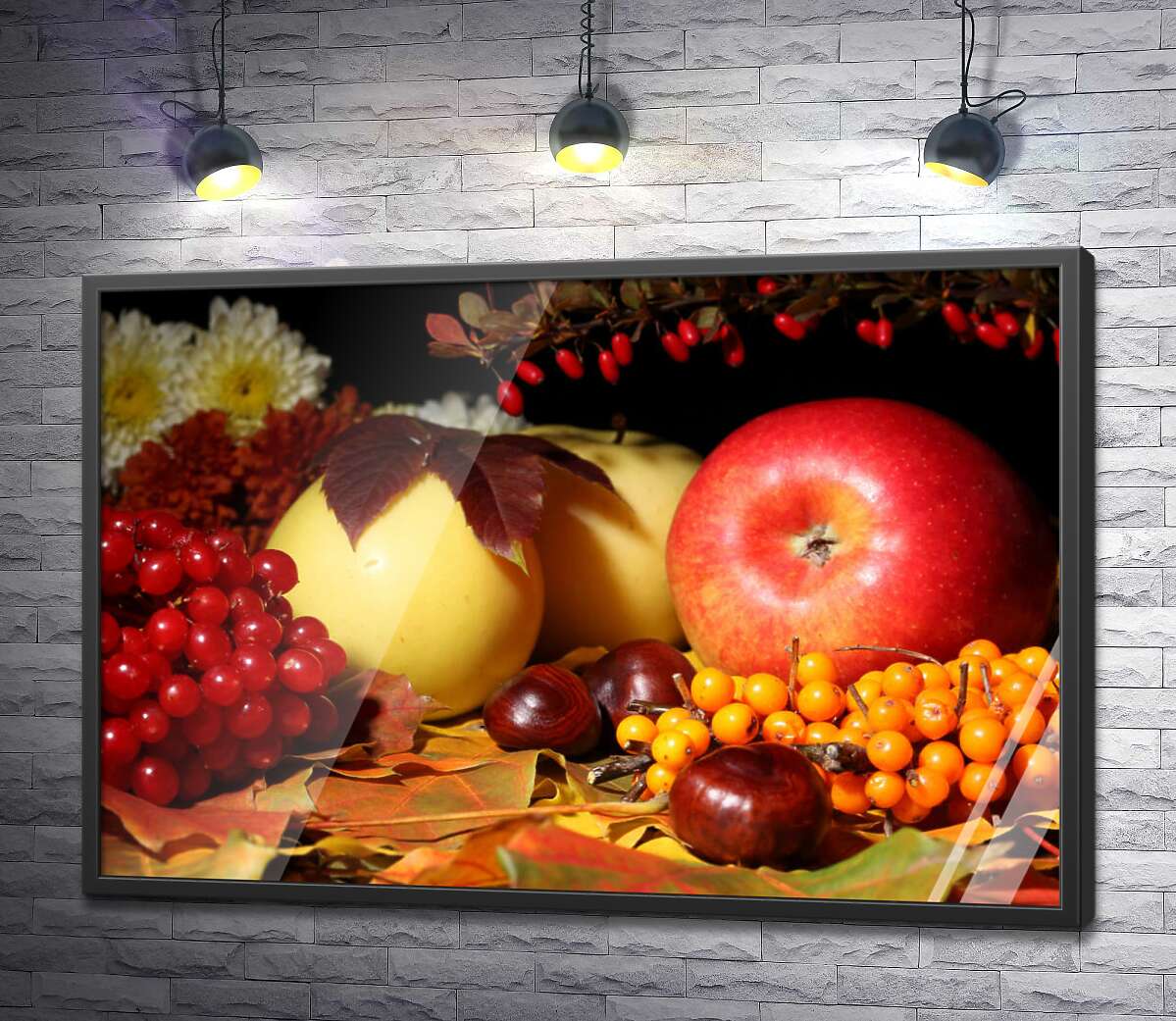 постер Осенний натюрморт: яблоки, калина, облепиха и каштаны на желтых листьях