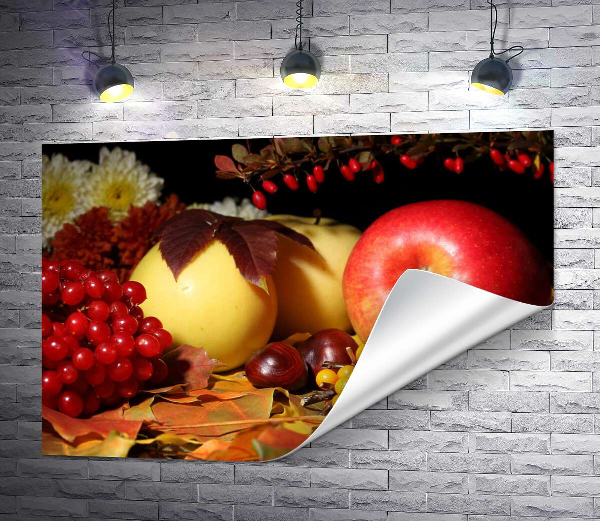печать Осенний натюрморт: яблоки, калина, облепиха и каштаны на желтых листьях