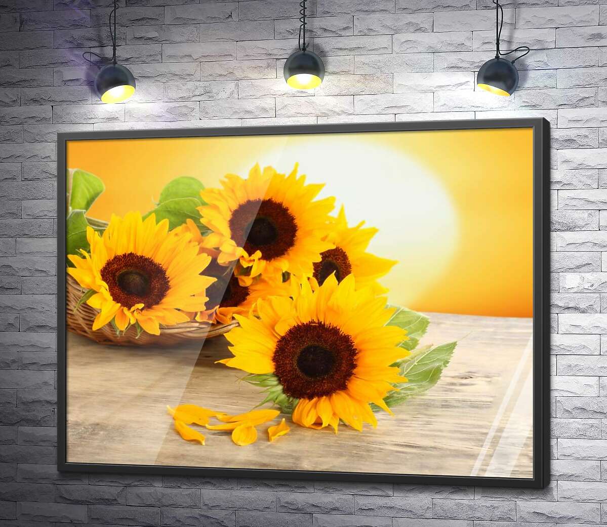 постер Жовтоголові соняшники в корзинці