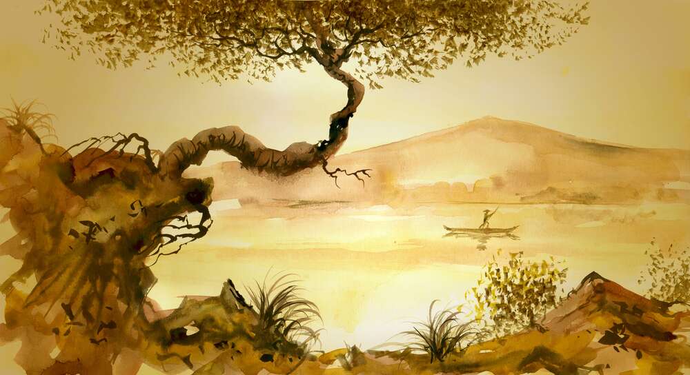 картина-постер Дерево звисає над горбистим берегом