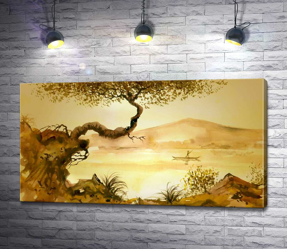картина Дерево свисает над холмистым берегом