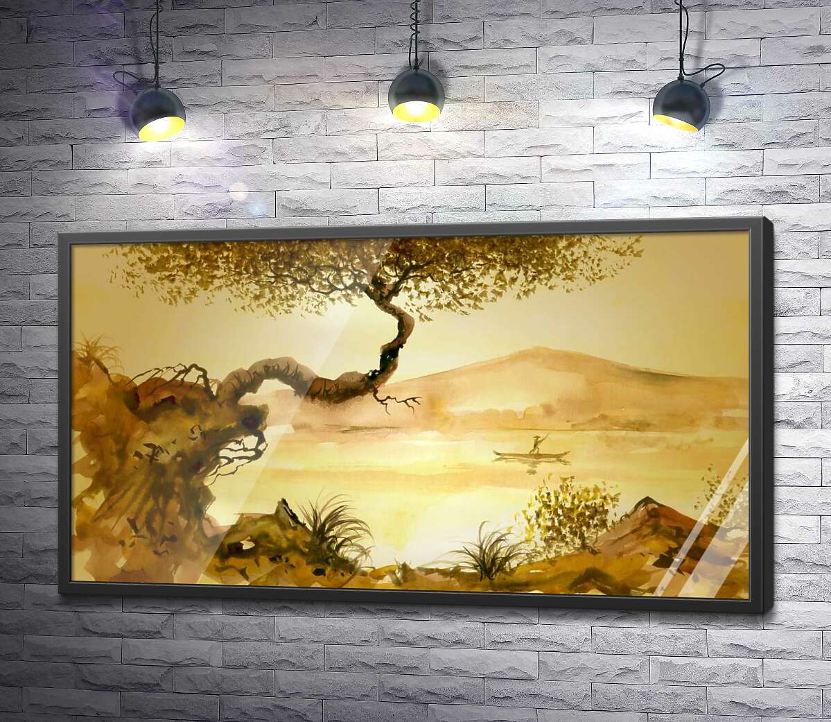 постер Дерево свисает над холмистым берегом