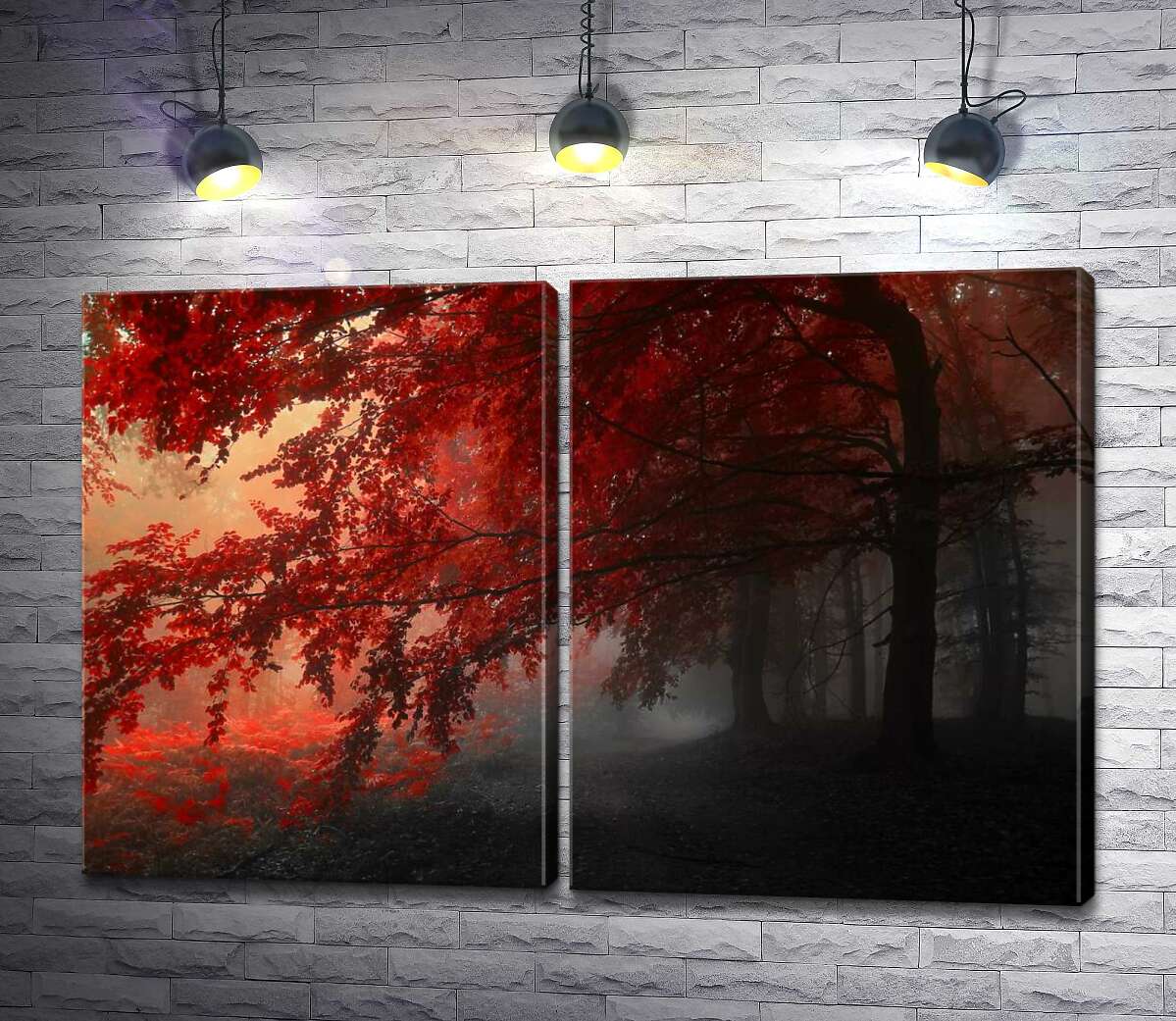 модульная картина Красные кроны деревьев в тени осеннего леса