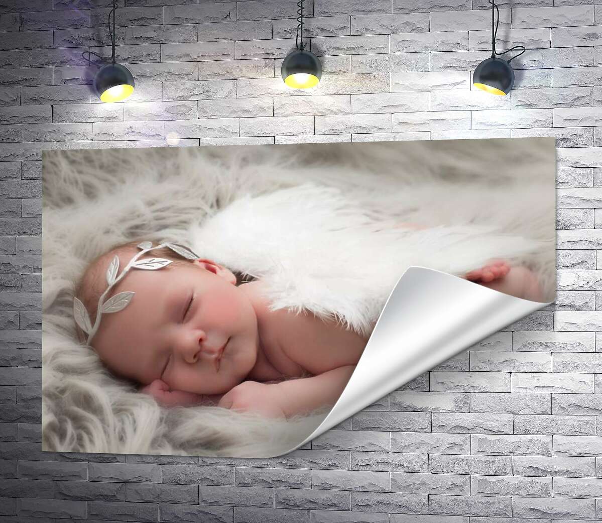 печать Ангелочек ребенок спит на пушистом покрывале
