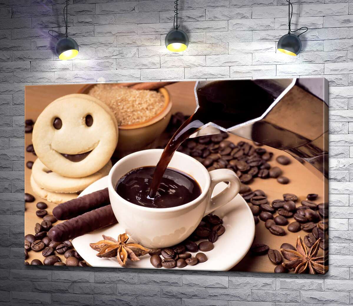 картина Густой кофе с шоколадными палочками и печеньем смайликами