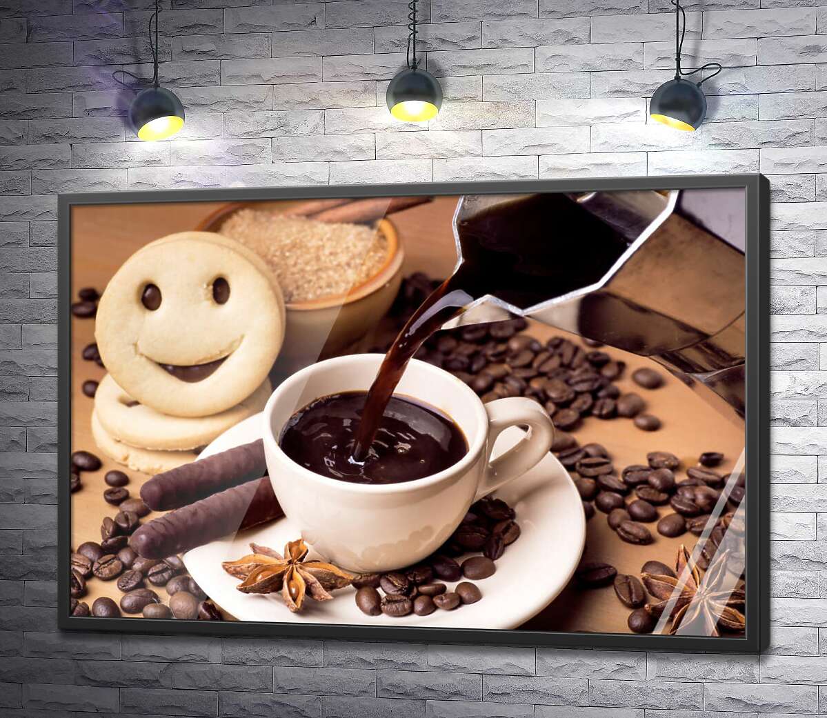 постер Густой кофе с шоколадными палочками и печеньем смайликами