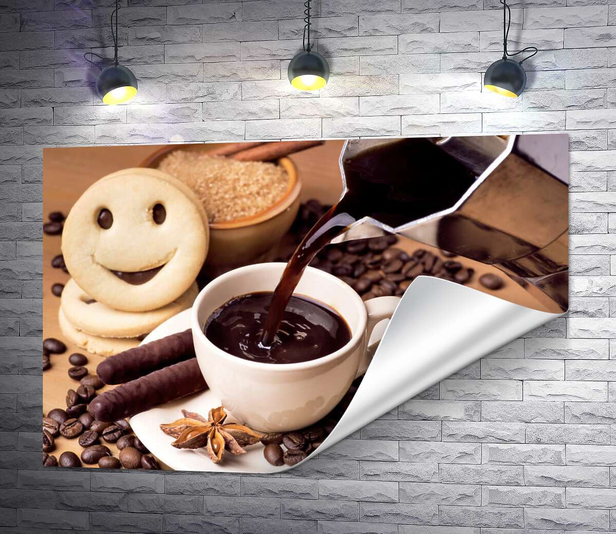 печать Густой кофе с шоколадными палочками и печеньем смайликами