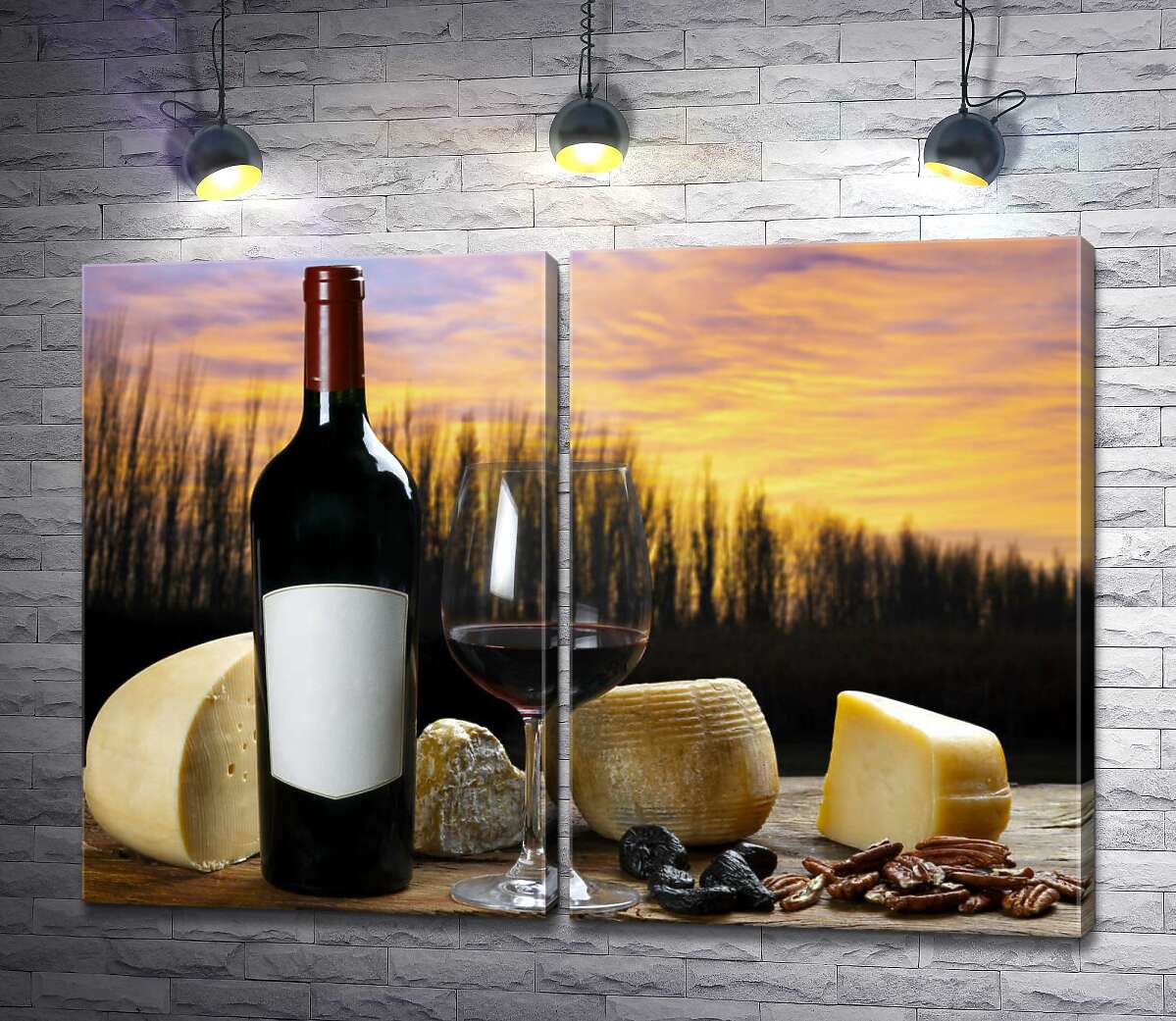 модульная картина Красное вино с ароматными сырами на фоне вечернего неба