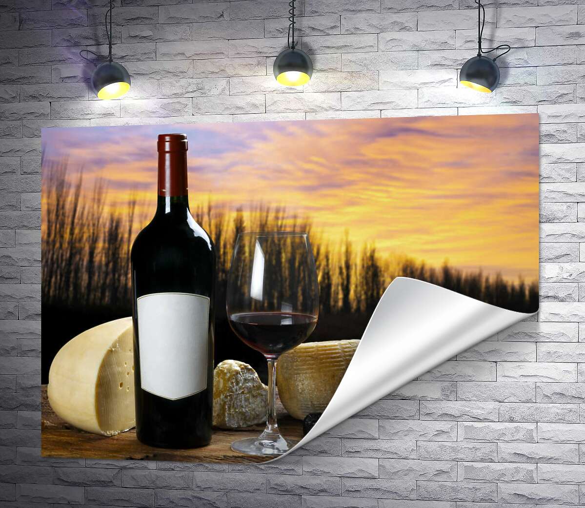 печать Красное вино с ароматными сырами на фоне вечернего неба