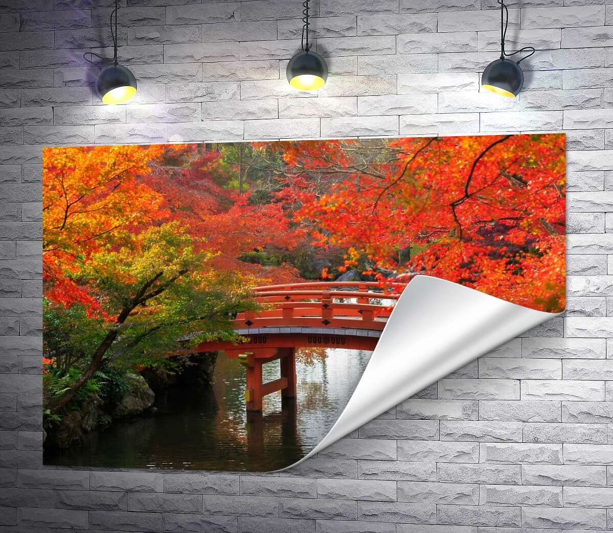 друк Вогняні переливи осіннього листя над червоним мостом в парку Кіото