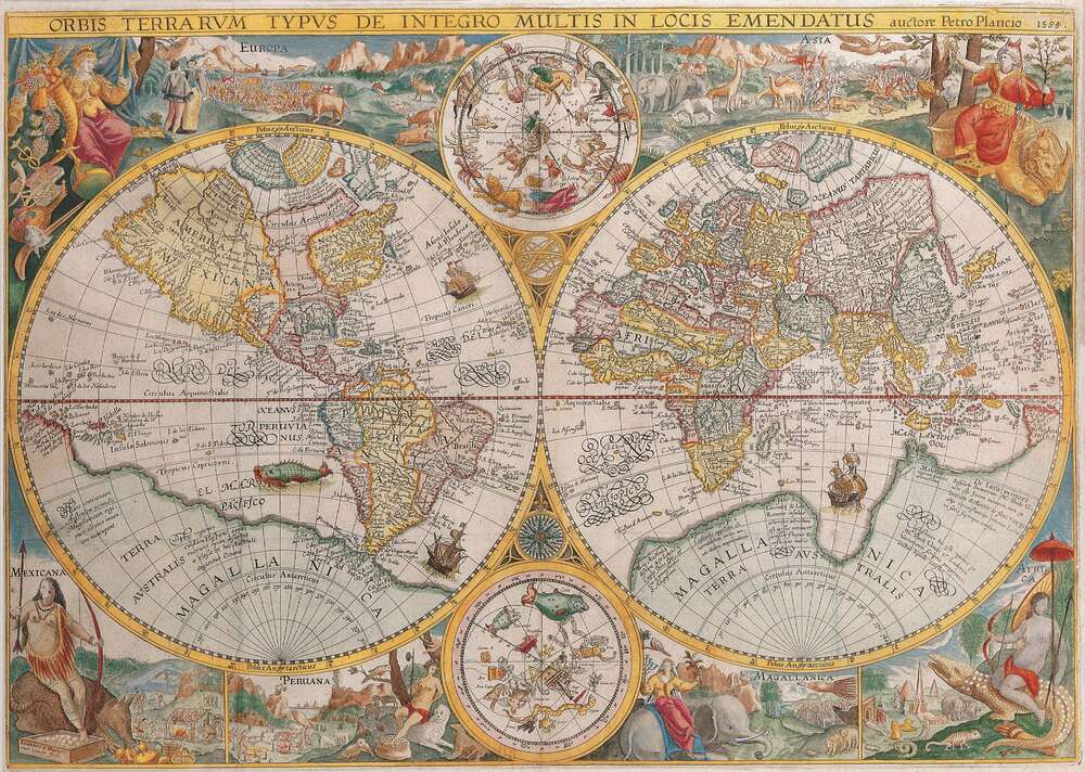 картина-постер Карта світу 1594 року, авторства голландського картографа Петера Планціуса (Petrus Plancius)