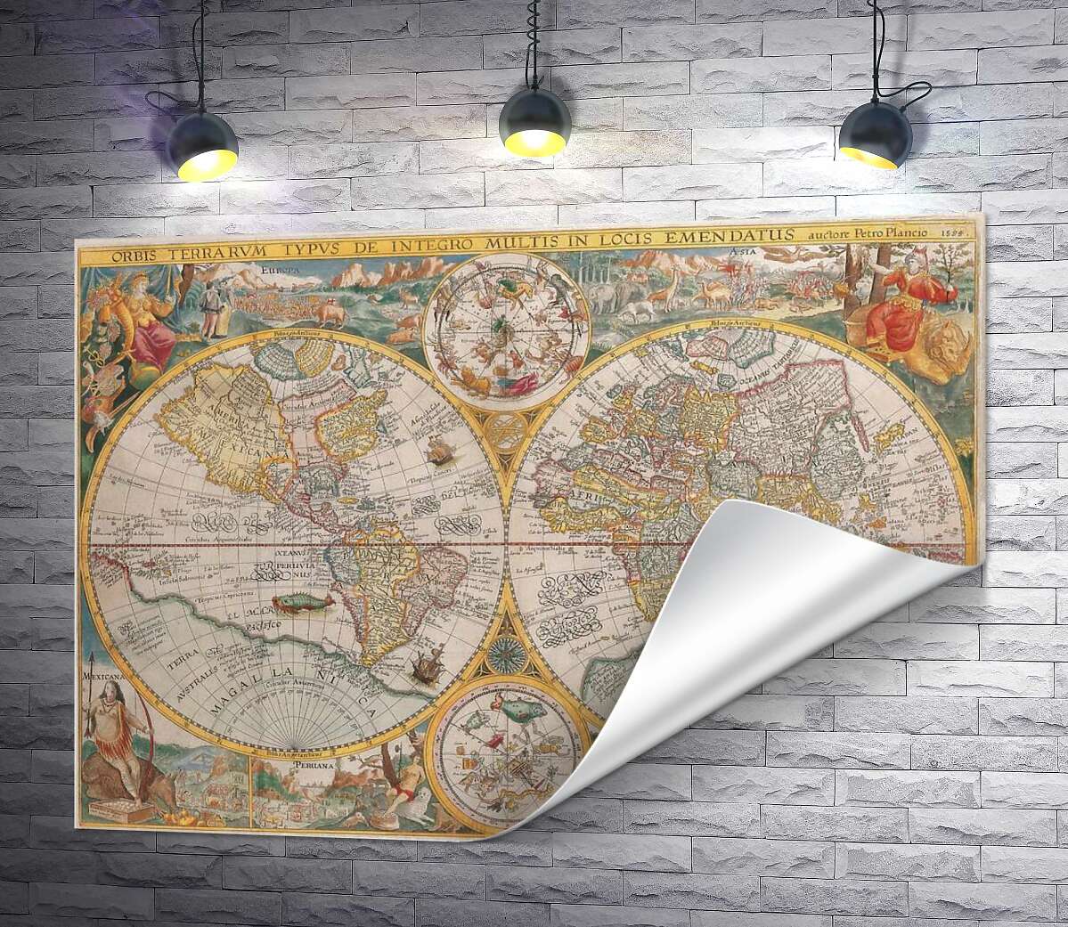 печать Карта мира 1594 года, авторства голландского картографа Петера Планциуса (Petrus Plancius)