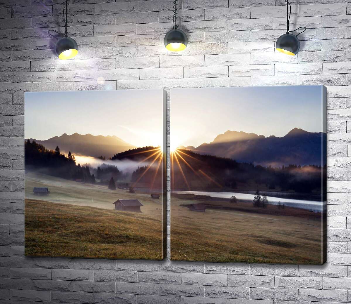 модульна картина Промінці сонця розсіюють ранковий туман над гірською долиною