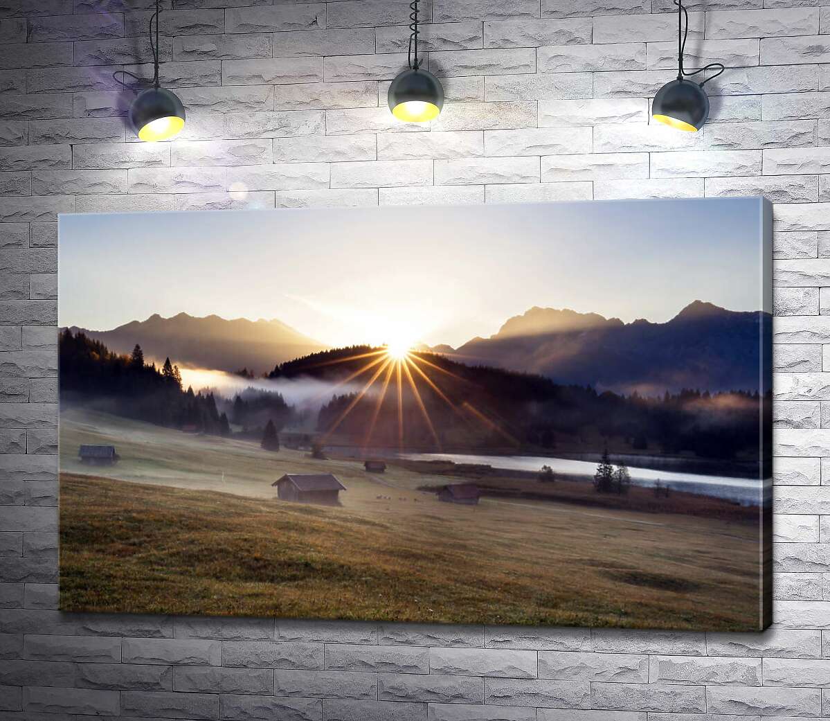 картина Промінці сонця розсіюють ранковий туман над гірською долиною