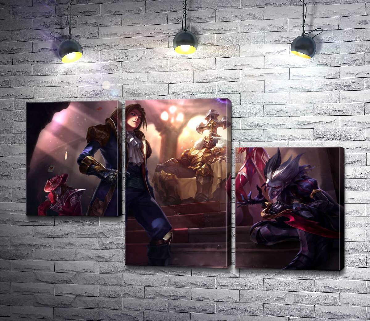 модульна картина Герої відеогри League of legends: блазень Шако (Shacko), відьма Сіндра (Syndra), дослідник Езреаль (Ezreal), залізний привид Мордекайзер (Mordekaiser), майстер карт Твістед Фейт (Twisted Fate) (Модуль №13)