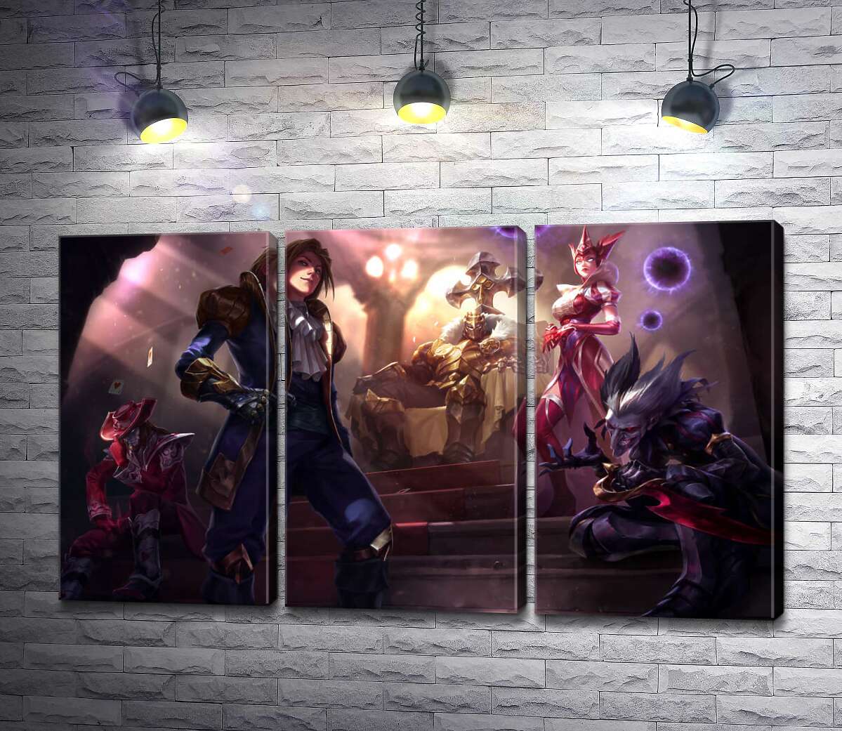 модульная картина Герои видеоигры League of legends: шут Шако (Shacko), ведьма Синдра (Syndra), исследователь Эзреаль (Ezreal), железный призрак Мордекайзер (Mordekaiser), мастер карт Твистед Фейт (Twisted Fate)