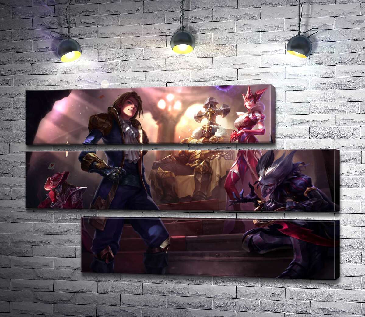 модульна картина Герої відеогри League of legends: блазень Шако (Shacko), відьма Сіндра (Syndra), дослідник Езреаль (Ezreal), залізний привид Мордекайзер (Mordekaiser), майстер карт Твістед Фейт (Twisted Fate) (Модуль №16)