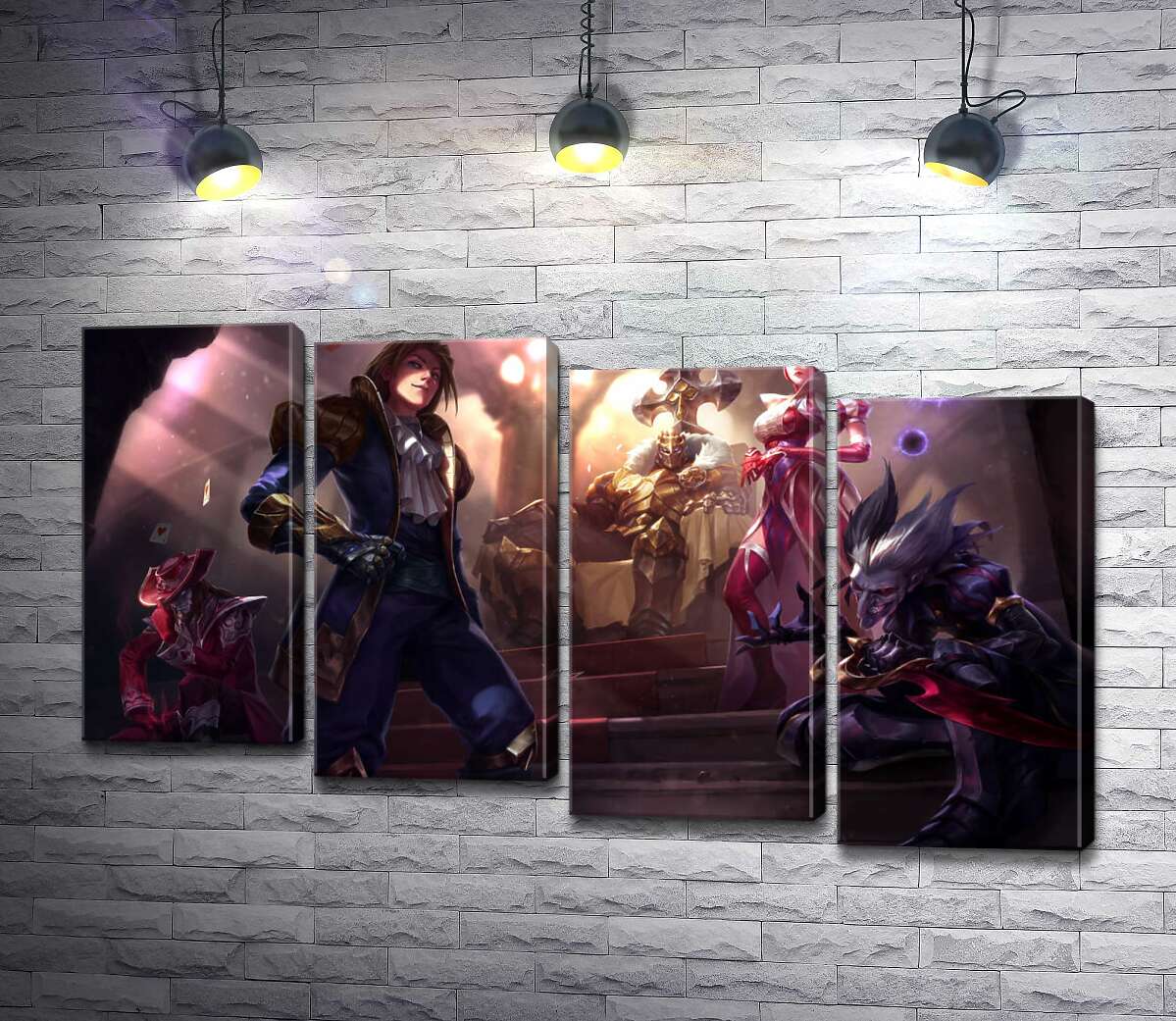 модульная картина Герои видеоигры League of legends: шут Шако (Shacko), ведьма Синдра (Syndra), исследователь Эзреаль (Ezreal), железный призрак Мордекайзер (Mordekaiser), мастер карт Твистед Фейт (Twisted Fate) (Модуль №19)