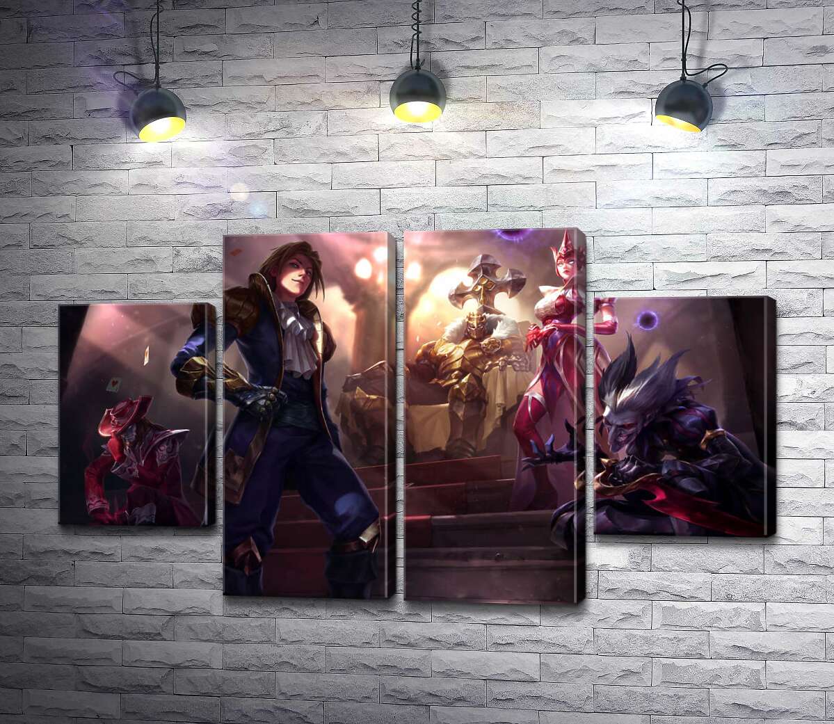 модульна картина Герої відеогри League of legends: блазень Шако (Shacko), відьма Сіндра (Syndra), дослідник Езреаль (Ezreal), залізний привид Мордекайзер (Mordekaiser), майстер карт Твістед Фейт (Twisted Fate) (Модуль №20)