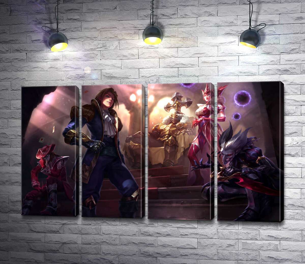 модульная картина Герои видеоигры League of legends: шут Шако (Shacko), ведьма Синдра (Syndra), исследователь Эзреаль (Ezreal), железный призрак Мордекайзер (Mordekaiser), мастер карт Твистед Фейт (Twisted Fate) (Модуль №24)