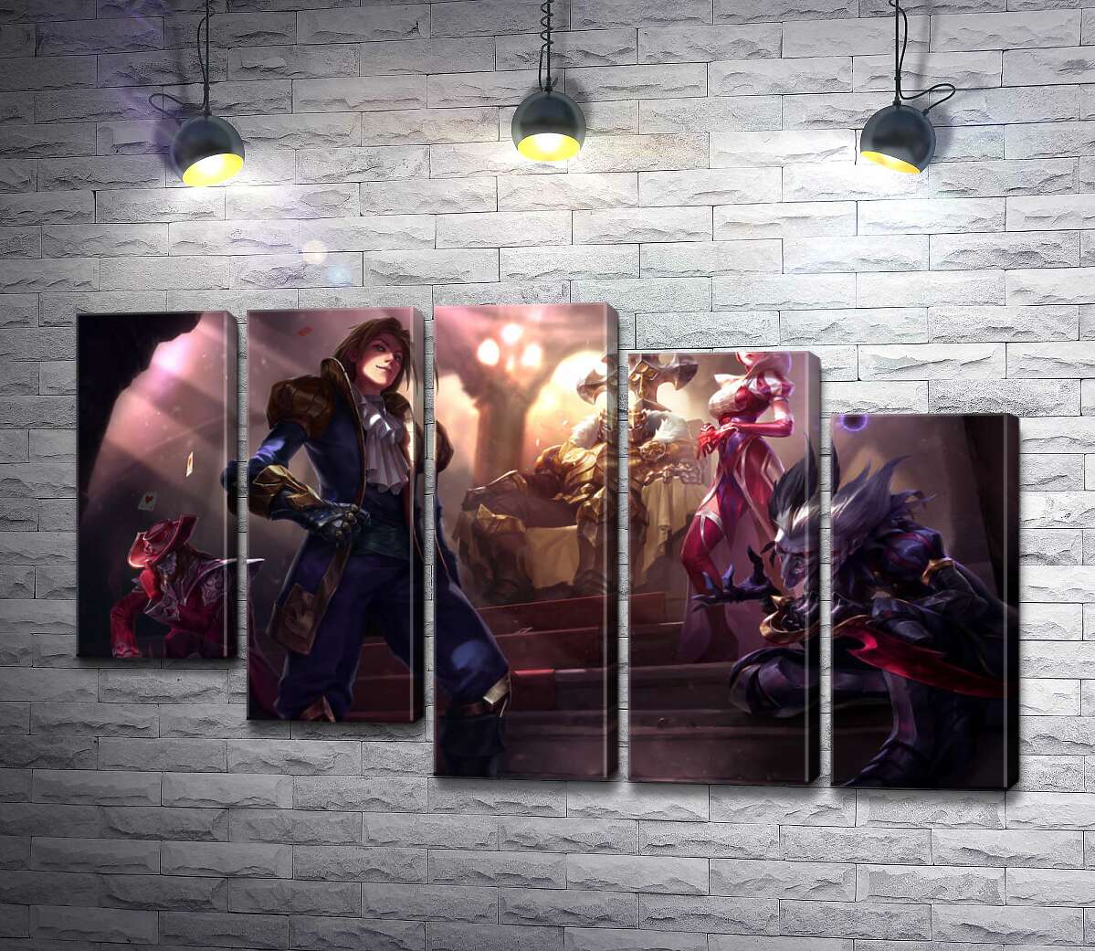 модульная картина Герои видеоигры League of legends: шут Шако (Shacko), ведьма Синдра (Syndra), исследователь Эзреаль (Ezreal), железный призрак Мордекайзер (Mordekaiser), мастер карт Твистед Фейт (Twisted Fate) (Модуль №28)