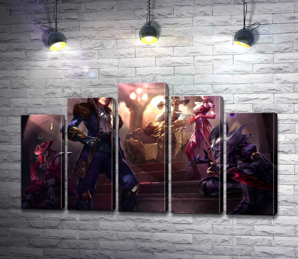 модульна картина Герої відеогри League of legends: блазень Шако (Shacko), відьма Сіндра (Syndra), дослідник Езреаль (Ezreal), залізний привид Мордекайзер (Mordekaiser), майстер карт Твістед Фейт (Twisted Fate) (Модуль №29)