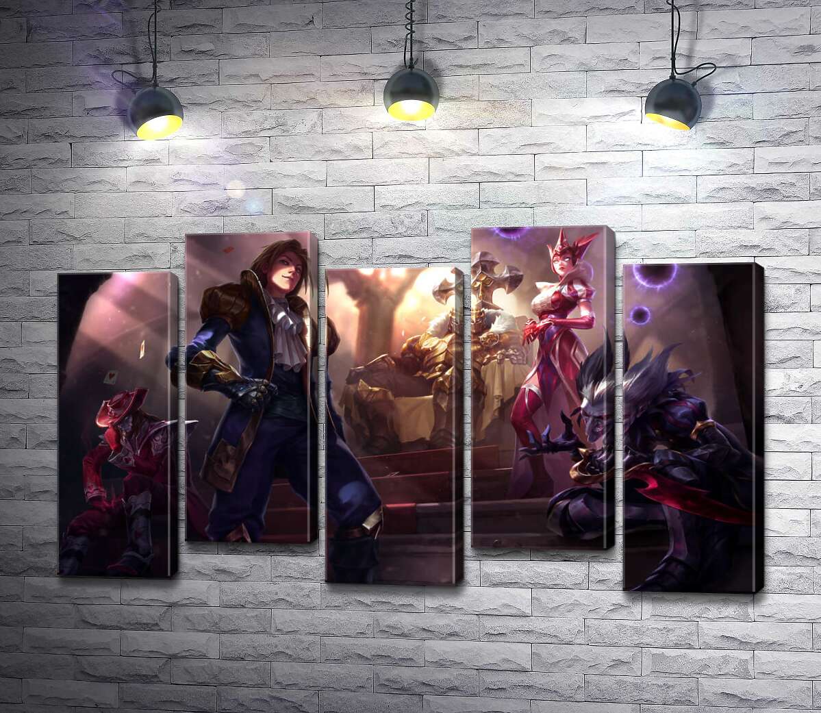 модульная картина Герои видеоигры League of legends: шут Шако (Shacko), ведьма Синдра (Syndra), исследователь Эзреаль (Ezreal), железный призрак Мордекайзер (Mordekaiser), мастер карт Твистед Фейт (Twisted Fate) (Модуль №30)