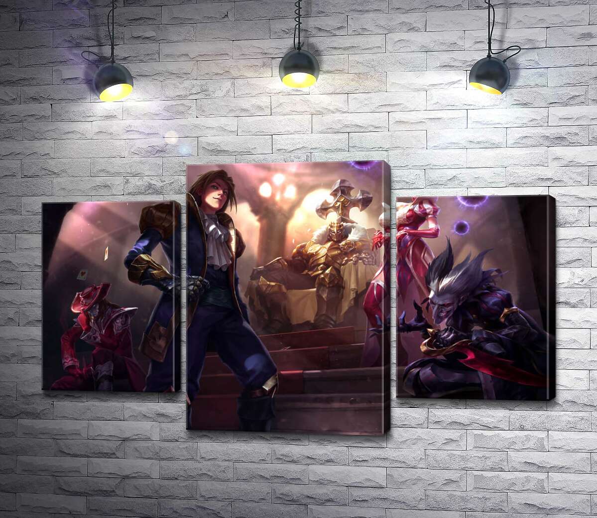 модульная картина Герои видеоигры League of legends: шут Шако (Shacko), ведьма Синдра (Syndra), исследователь Эзреаль (Ezreal), железный призрак Мордекайзер (Mordekaiser), мастер карт Твистед Фейт (Twisted Fate) (Модуль №10)