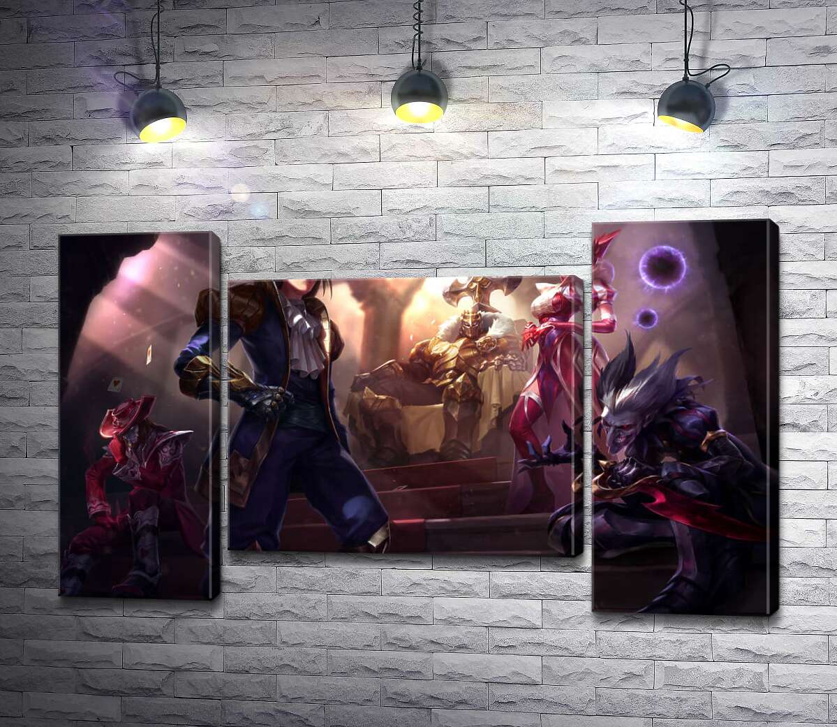 модульна картина Герої відеогри League of legends: блазень Шако (Shacko), відьма Сіндра (Syndra), дослідник Езреаль (Ezreal), залізний привид Мордекайзер (Mordekaiser), майстер карт Твістед Фейт (Twisted Fate) (Модуль №11)