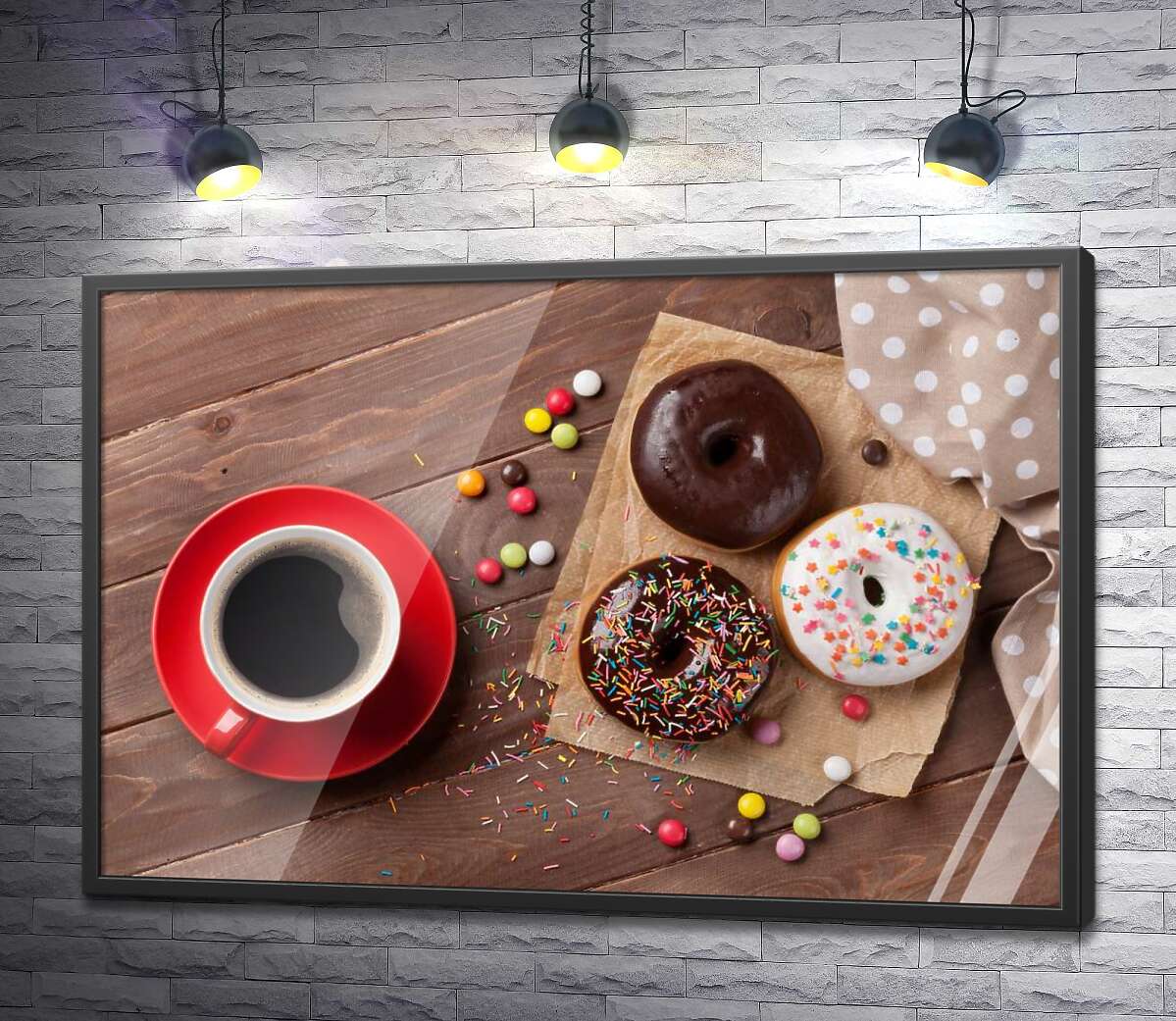 постер Солодкий перекус: кава з кольоровими донатсами