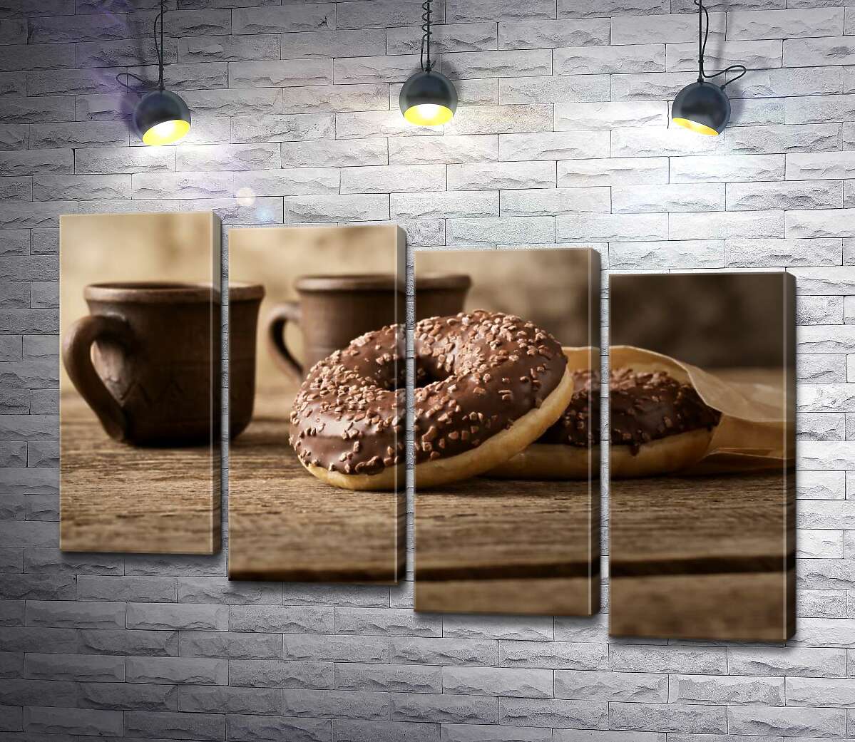 модульная картина Шоколадные донатсы к кофе в глиняных чашках (Модуль №19)