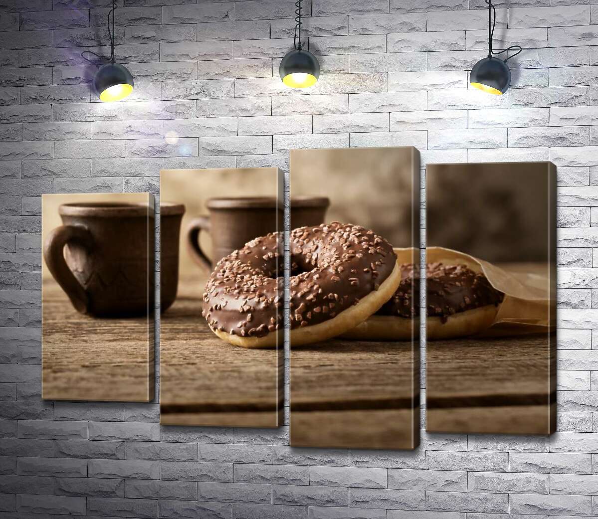 модульная картина Шоколадные донатсы к кофе в глиняных чашках (Модуль №3)