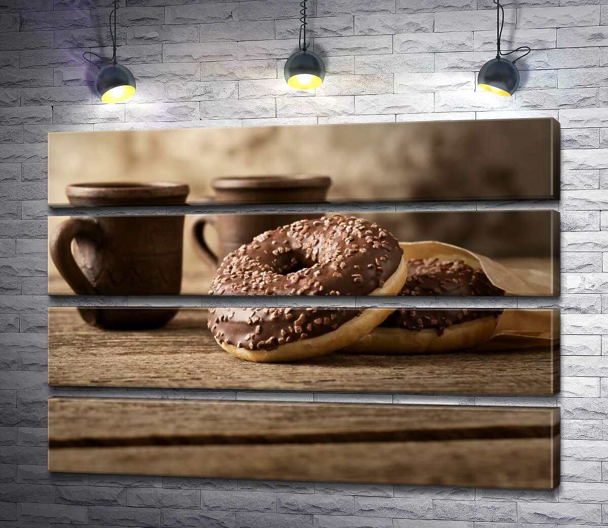 модульная картина Шоколадные донатсы к кофе в глиняных чашках (Модуль №22)