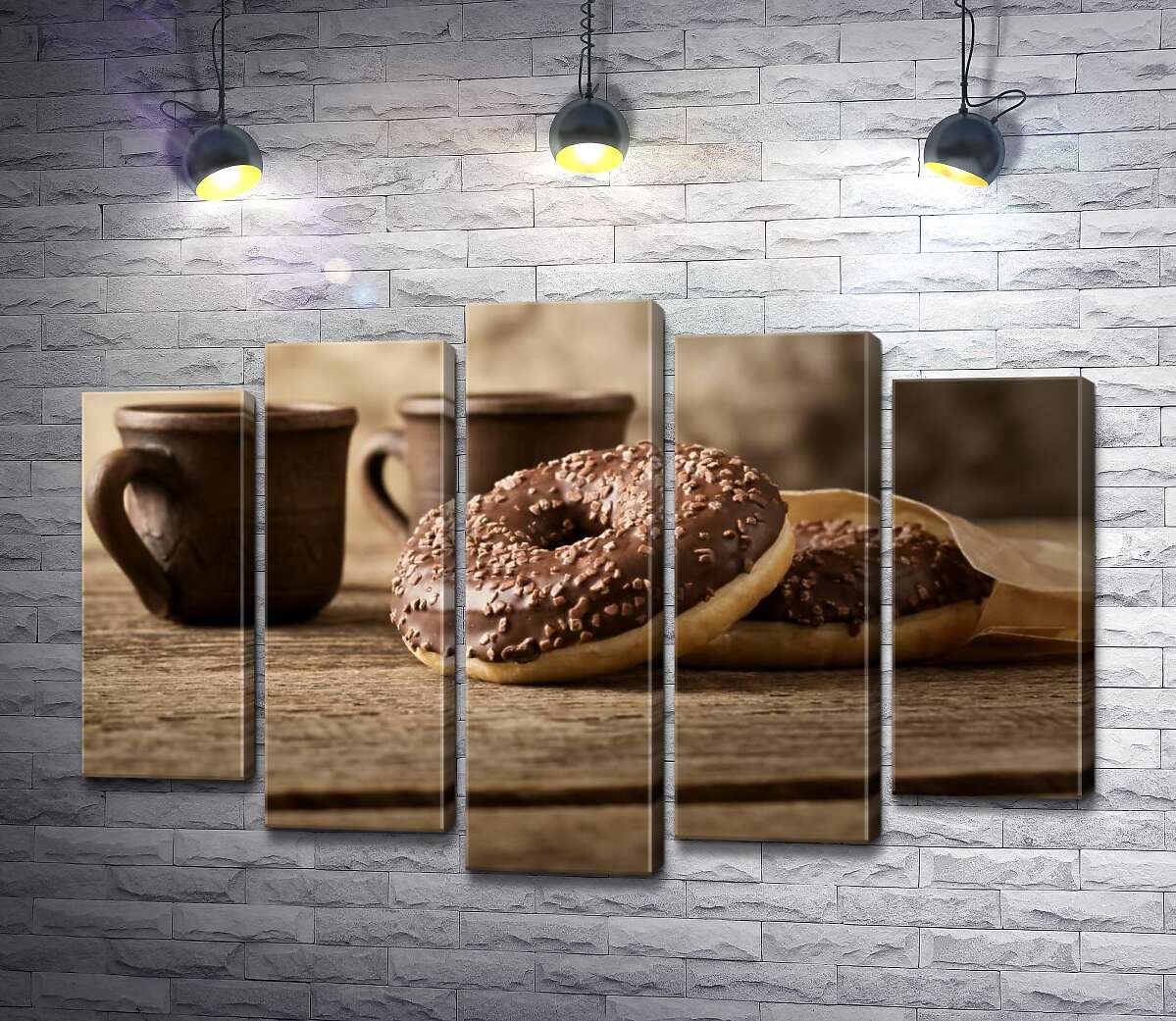 модульная картина Шоколадные донатсы к кофе в глиняных чашках (Модуль №4)