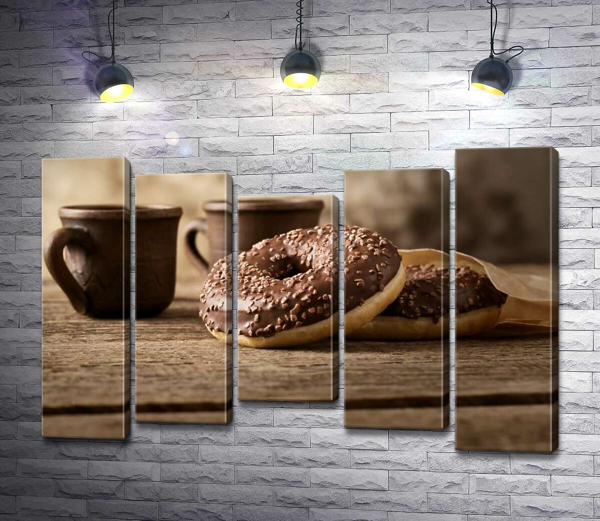 модульная картина Шоколадные донатсы к кофе в глиняных чашках (Модуль №27)