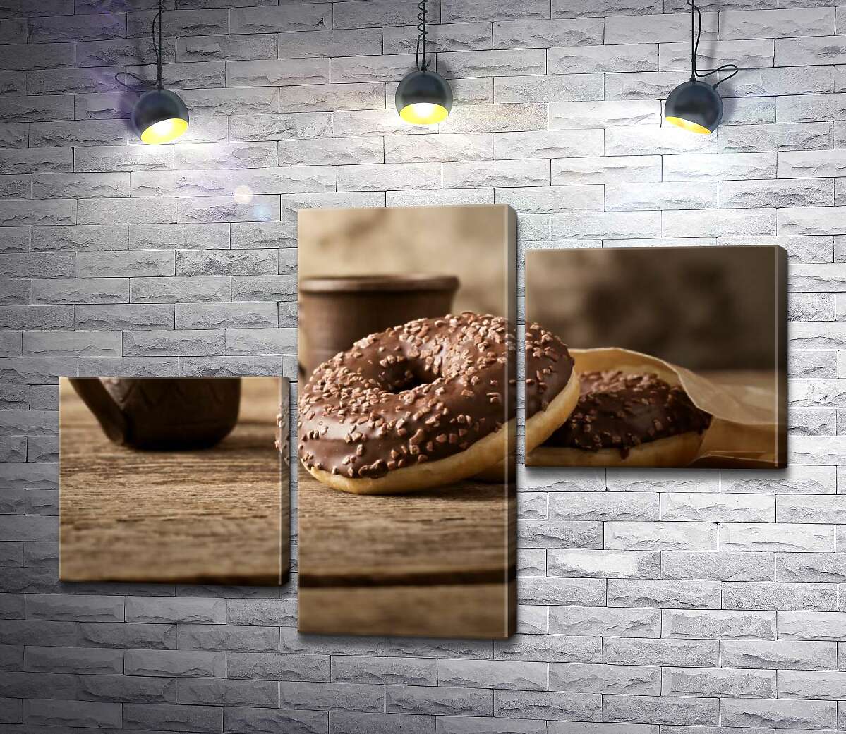 модульная картина Шоколадные донатсы к кофе в глиняных чашках (Модуль №12)