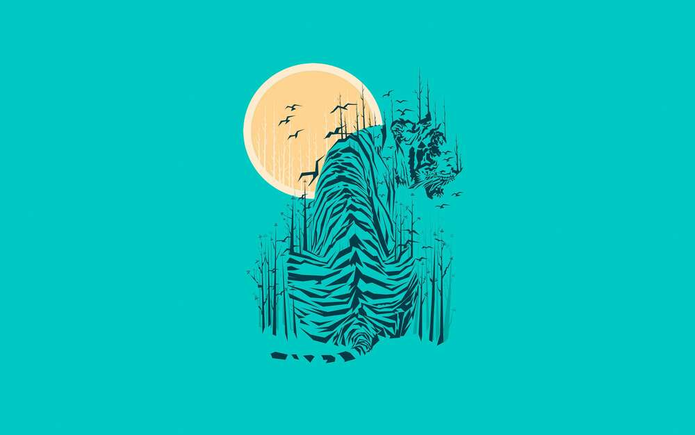 картина-постер Силуэт тигра перед солнечным диском