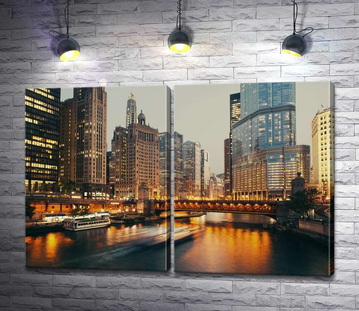 модульная картина Огни моста отражаются в воде на набережной Чикаго
