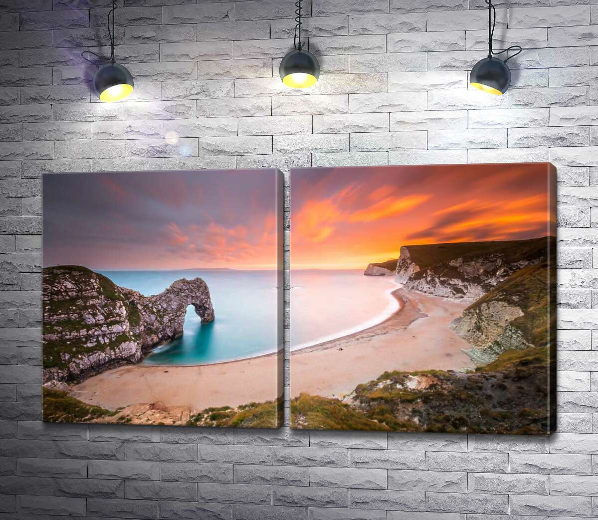 модульная картина Закат на живописных берегах британского острова Пурбек у скалы Дердл-дор (Durdle Door)