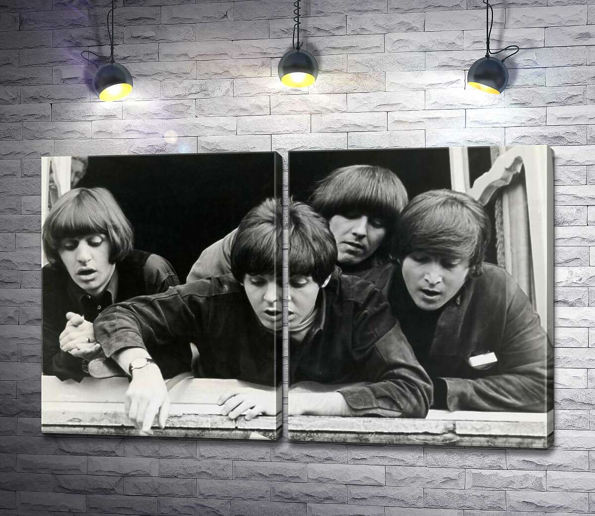 модульная картина The Beatles смотрят с окна вниз на улицу