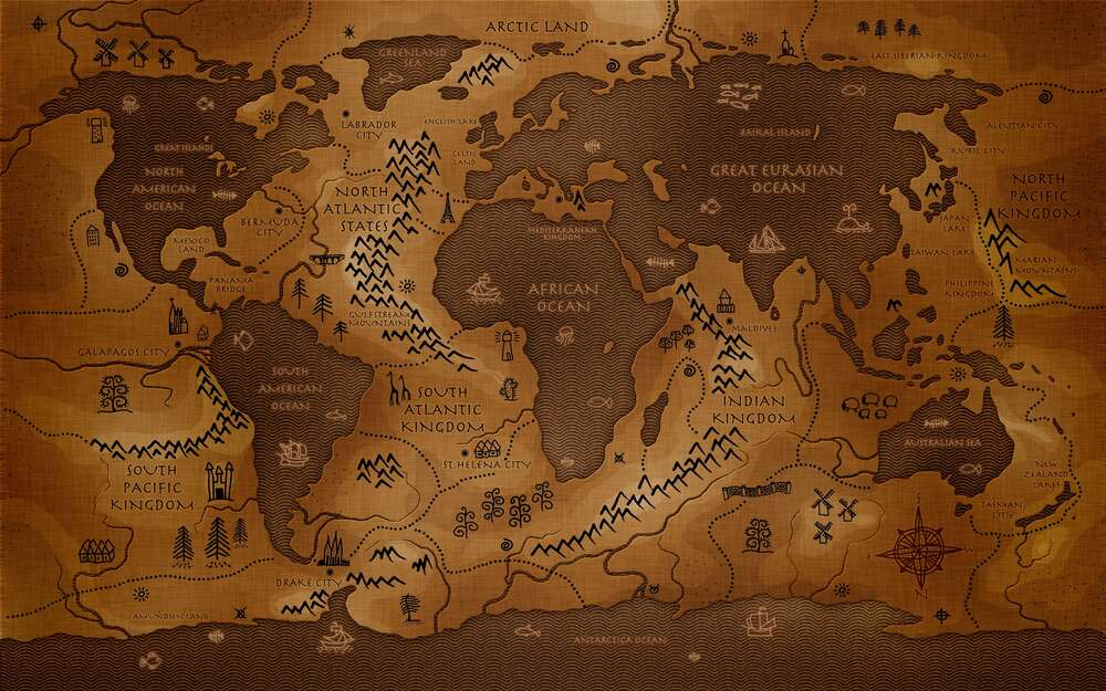 картина-постер Обмен суши и воды на фантастической карте мира