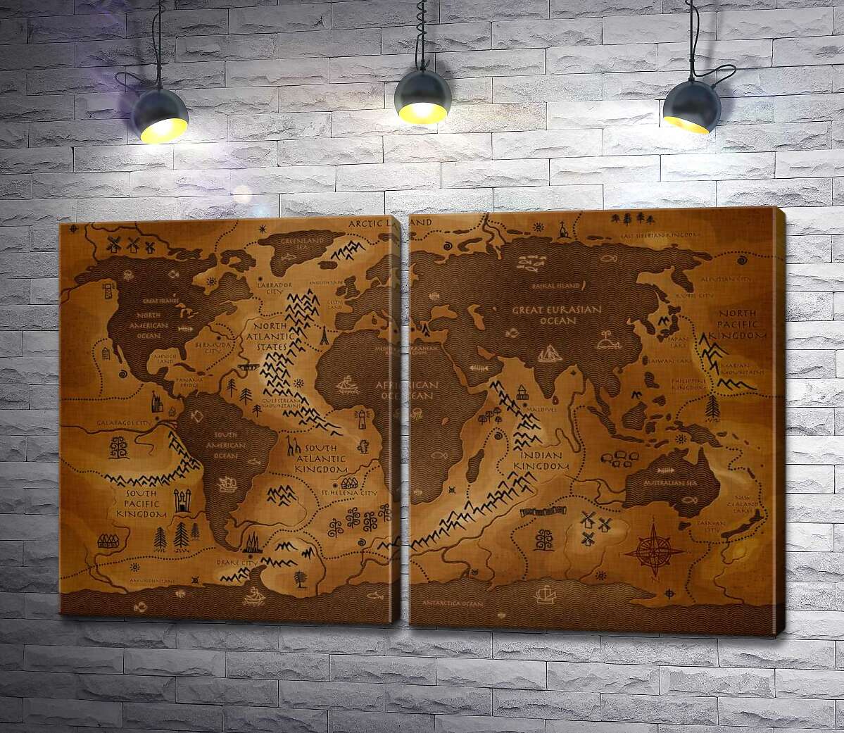модульная картина Обмен суши и воды на фантастической карте мира