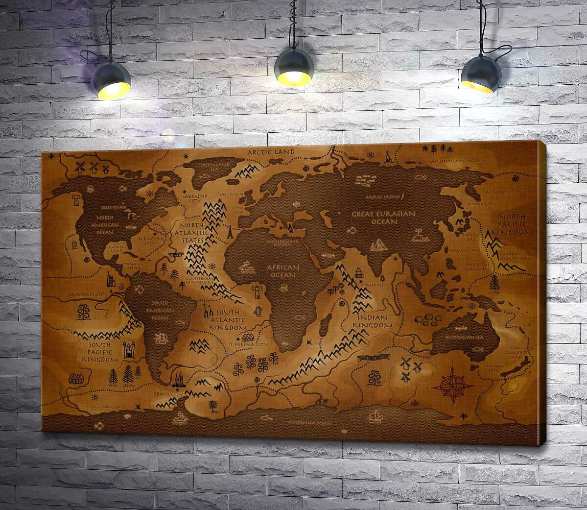 картина Обмен суши и воды на фантастической карте мира