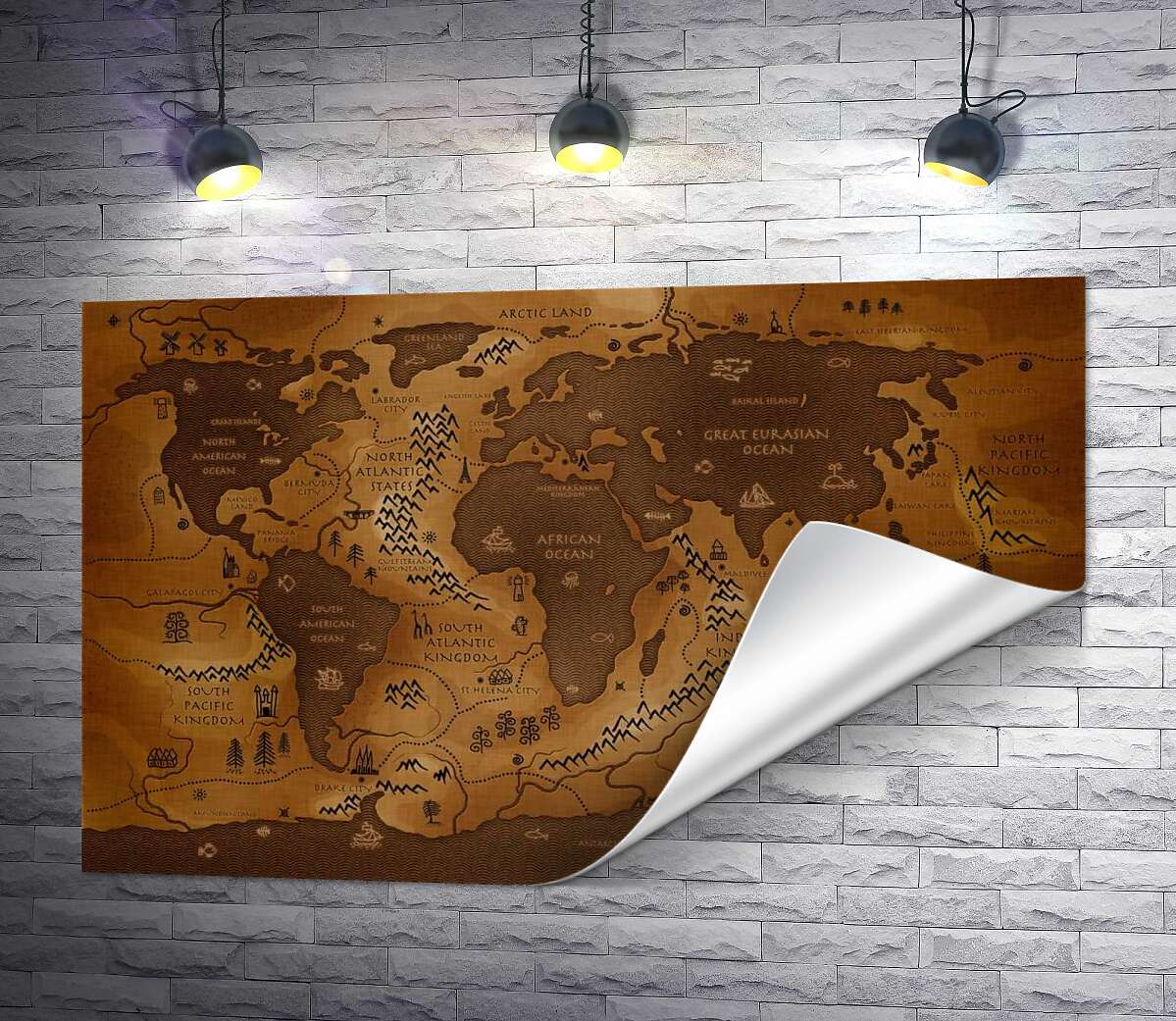печать Обмен суши и воды на фантастической карте мира