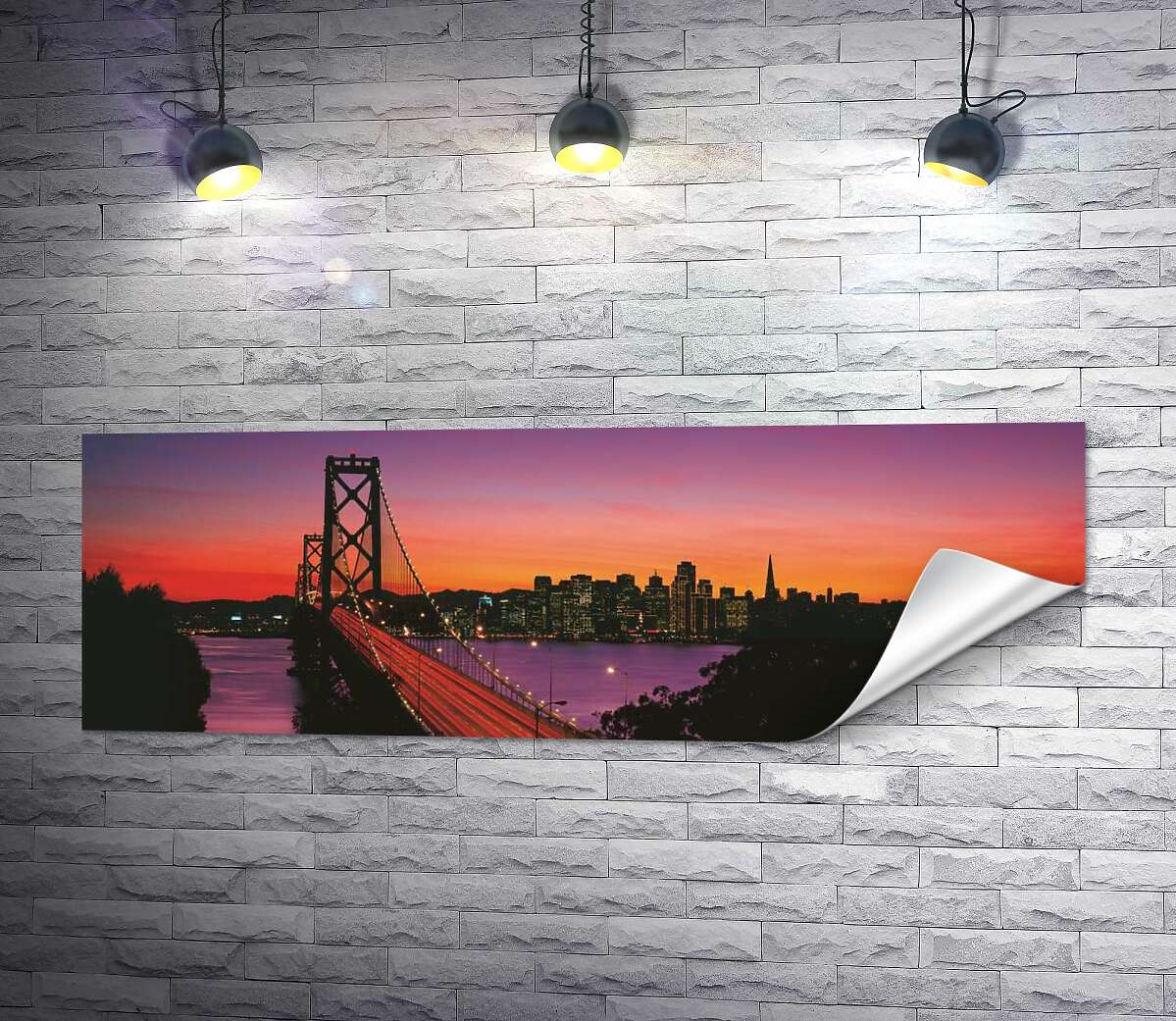 печать Мост Бэй-Бридж (Bay Bridge) ведет к вечернему Сан-Франциско