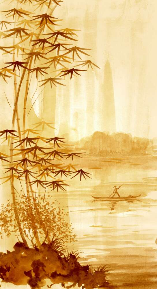 картина-постер Стройный бамбук растет на берегу реки