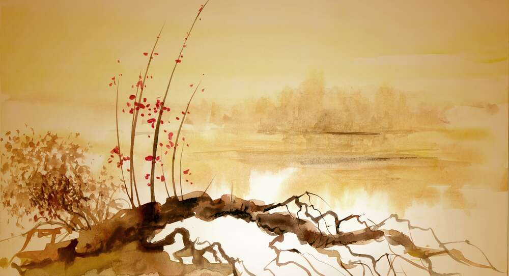 картина-постер Крючковатые корни дерева сакуры пускают корни в воду