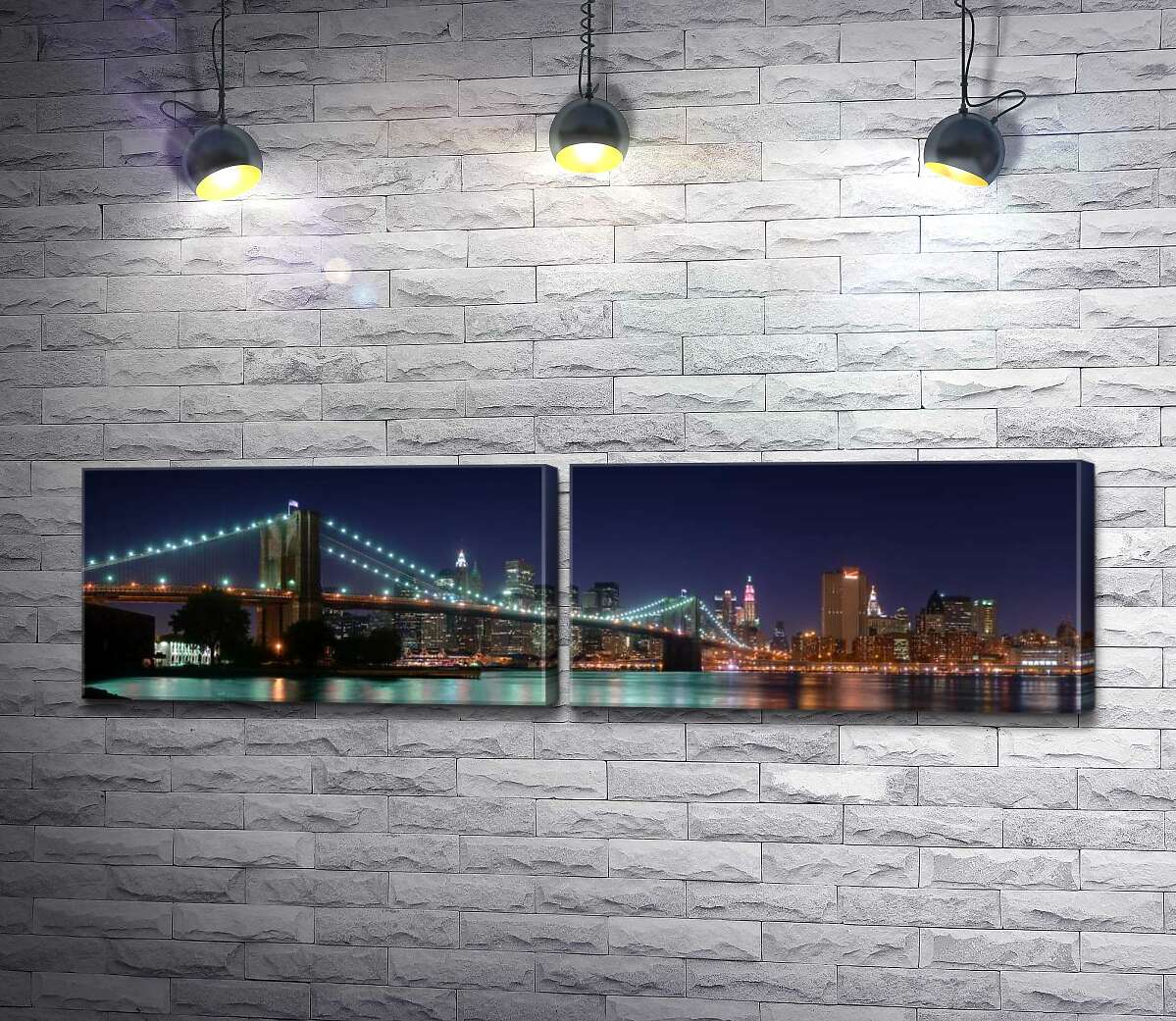 модульная картина Гирлянды фонарей Бруклинского моста (Brooklyn Bridge) отражаются в водах пролива Ист-ривер (East River)