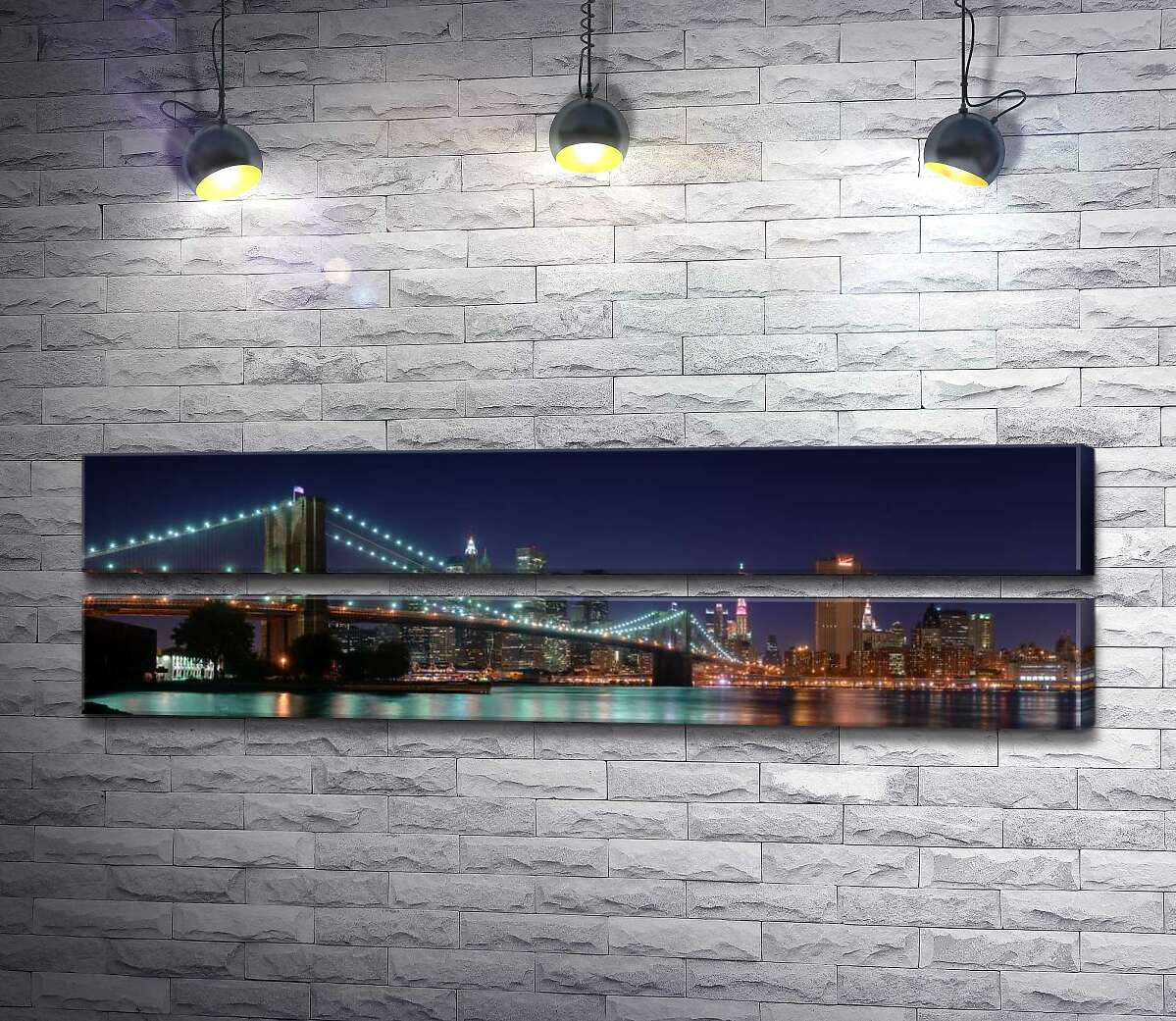 модульная картина Гирлянды фонарей Бруклинского моста (Brooklyn Bridge) отражаются в водах пролива Ист-ривер (East River) (Модуль №7)